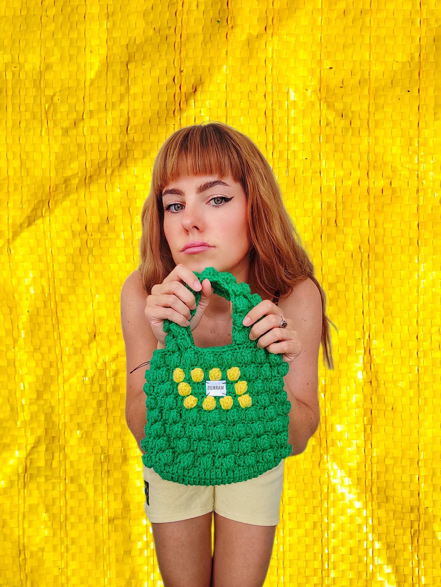 Sac à main crocheté effet matelassé jaune vert